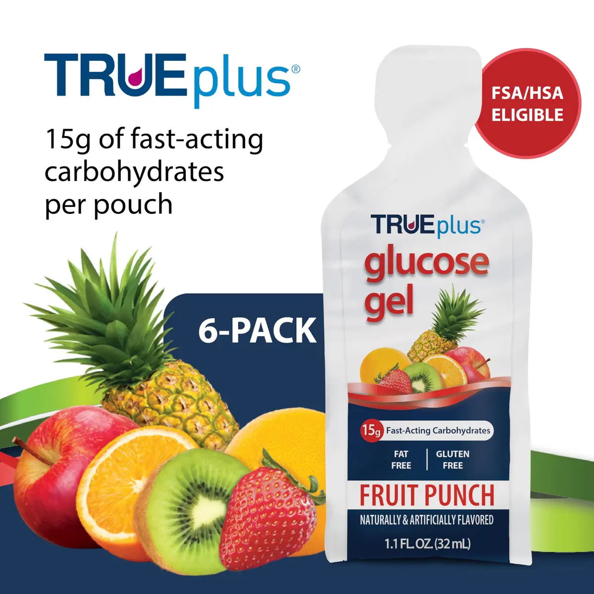 TRUEplus Glucose Gel Pouch, 15g Carbohydrates | Fruit Punch Flavor, 6 Pack, Travel-Ready, Gluten & Fat Free - view 2