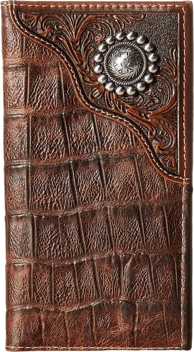 ARIAT Men's Rodeo Wallet, Floral Embossed Overlay, Western Concho, Brown | Top-Grain Leather Bi-Fold with Multiple Compartments - view 4