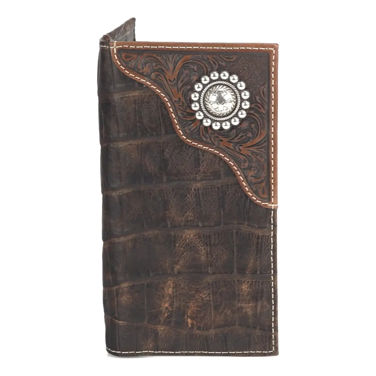 ARIAT Men's Rodeo Wallet, Floral Embossed Overlay, Western Concho, Brown | Top-Grain Leather Bi-Fold with Multiple Compartments - main product image