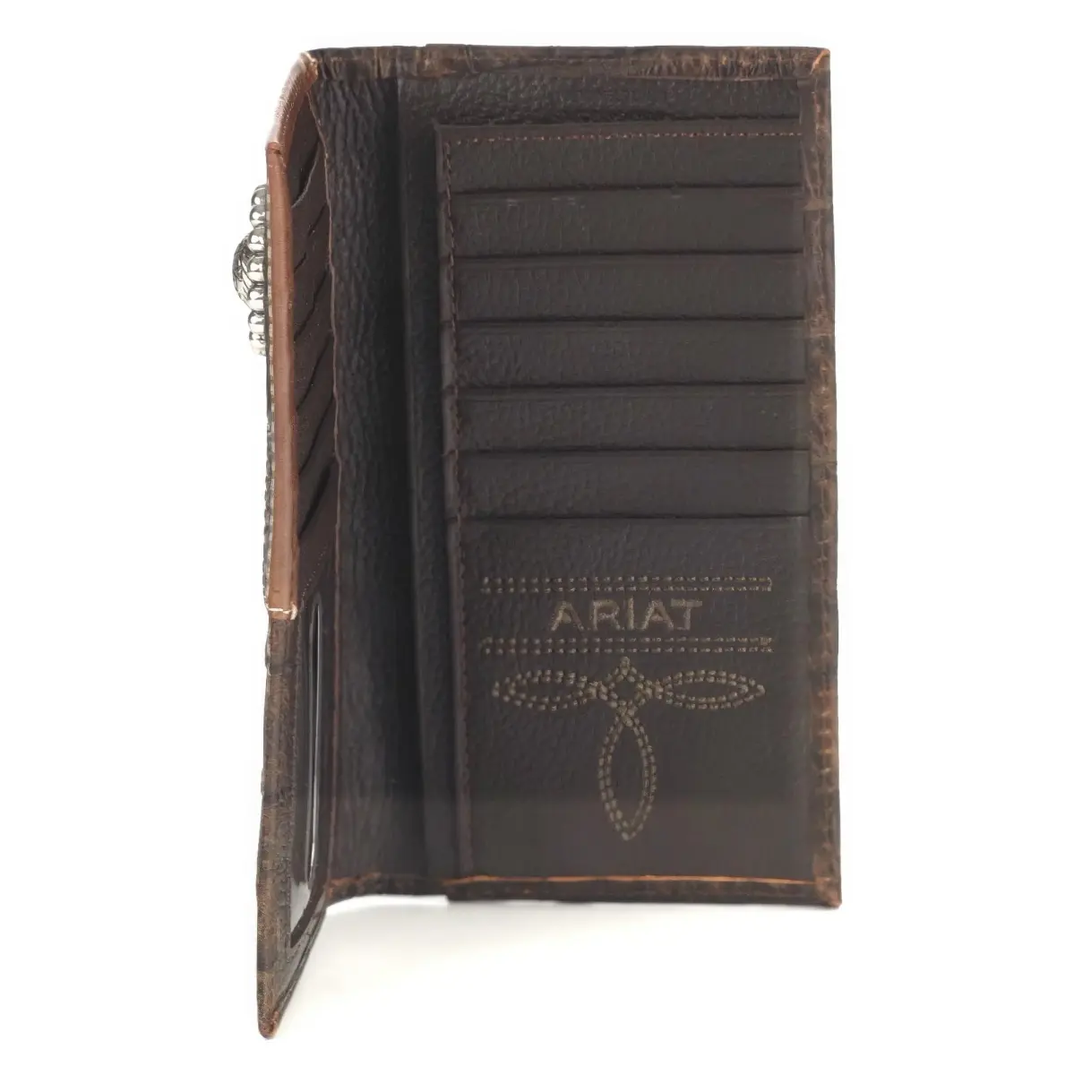 ARIAT Men's Rodeo Wallet, Floral Embossed Overlay, Western Concho, Brown | Top-Grain Leather Bi-Fold with Multiple Compartments - view 7