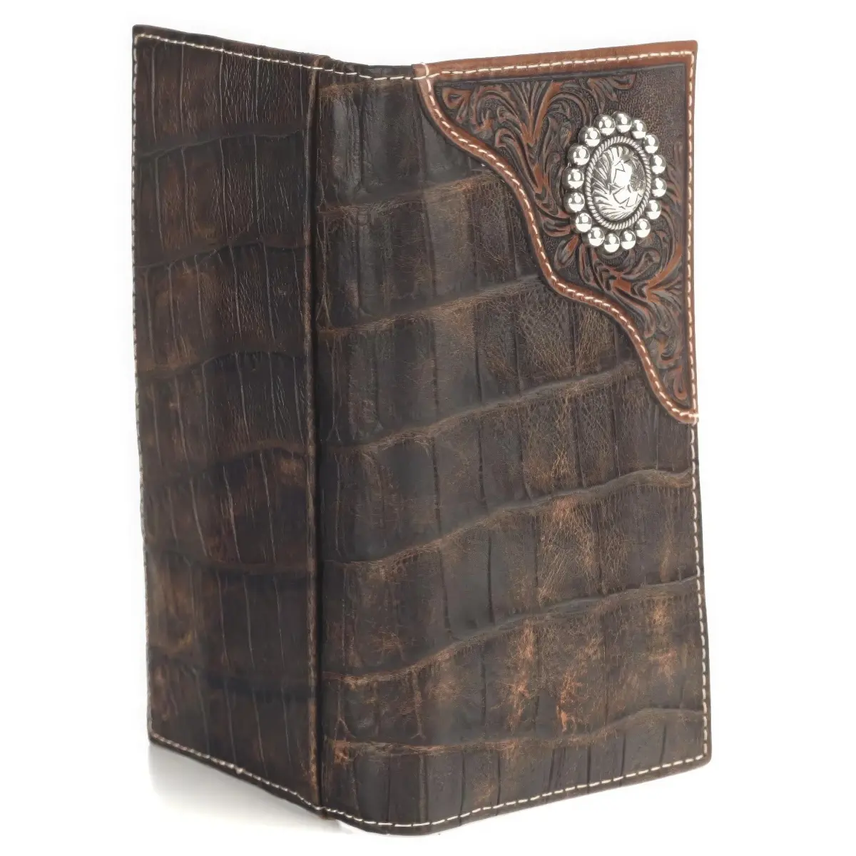 ARIAT Men's Rodeo Wallet, Floral Embossed Overlay, Western Concho, Brown | Top-Grain Leather Bi-Fold with Multiple Compartments - view 2