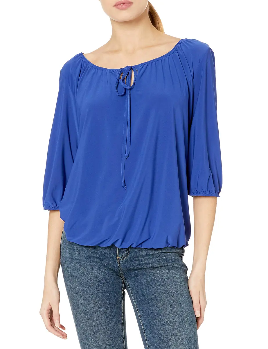 Star Vixen Women's Peasant Top with Keyhole Tie, Royal, Large | Elastic Hem & 3/4 Sleeve - main product image