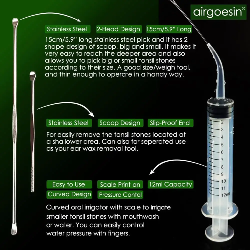 airgoesin Upgraded Tonsil Stone Remover Tool with 5 Tips & Irrigator | Fresh Breath Oral Rinse - view 5