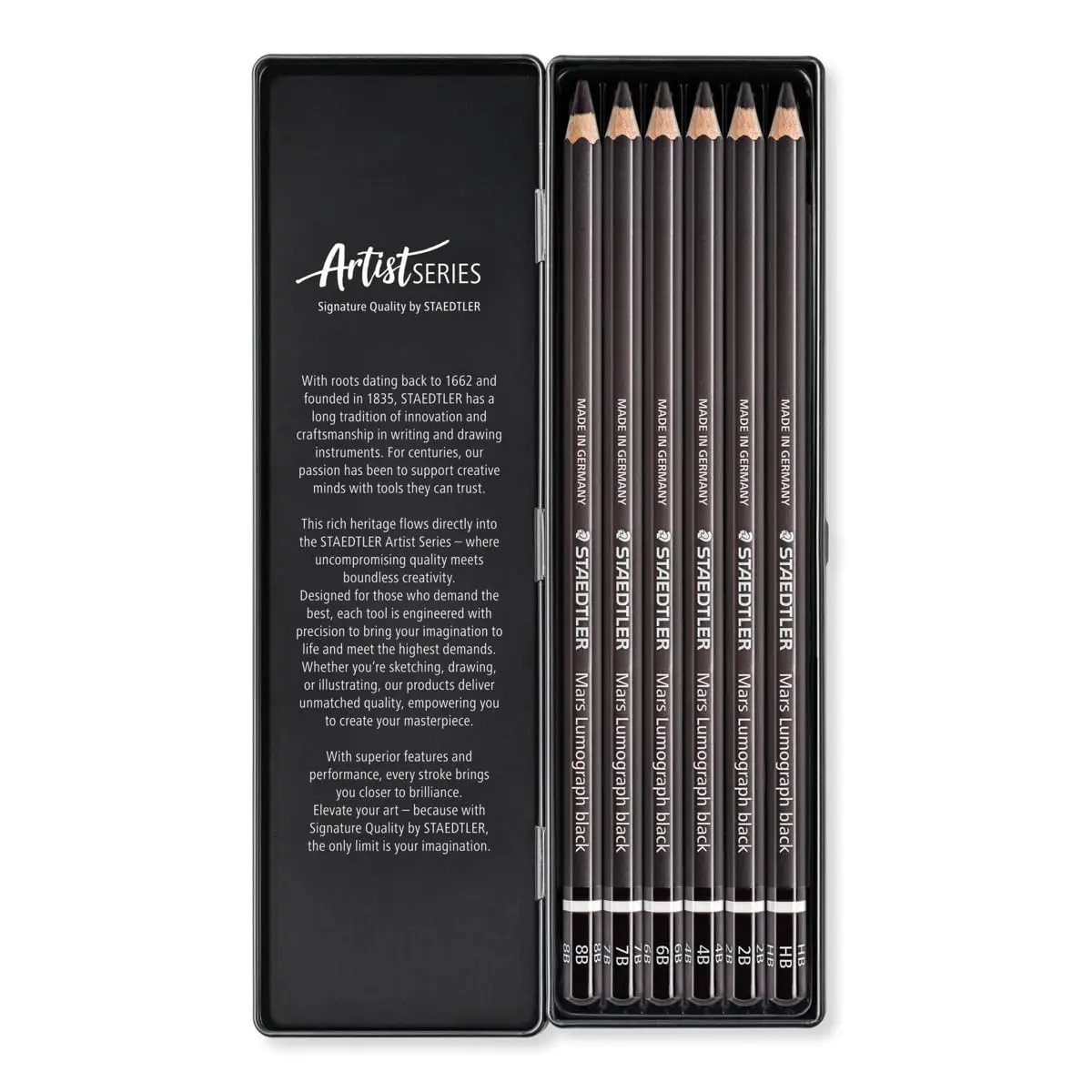 STAEDTLER Mars Lumograph Black Drawing Pencils 6 Pack in Metal Gift Tin | Deep Matte Black Tones for Expressive Art - view 2