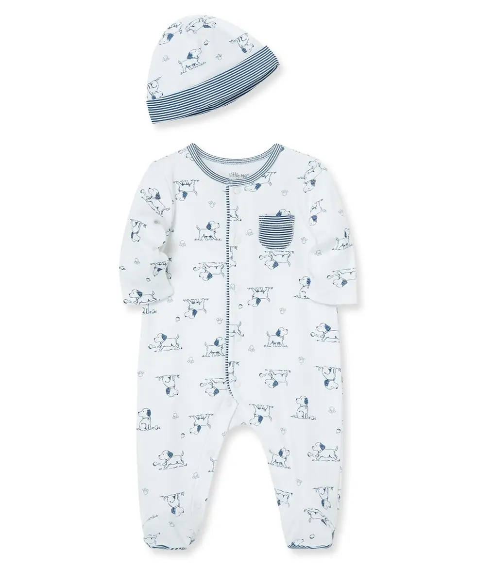 Little Me Baby Boy Clothes 2-Piece Footie & Cap Set 100% Cotton | Newborn, Puppy - main product image