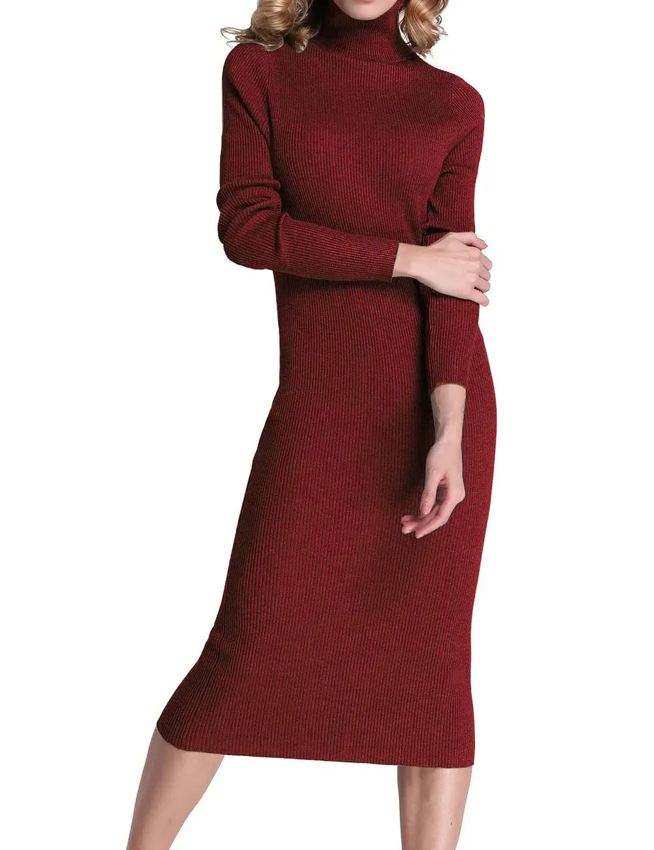 Rocorose Women's Turtleneck Ribbed Elbow Long Sleeve Knit Sweater Dress Red M | Slim Fit, Classic Winter Style - main product image