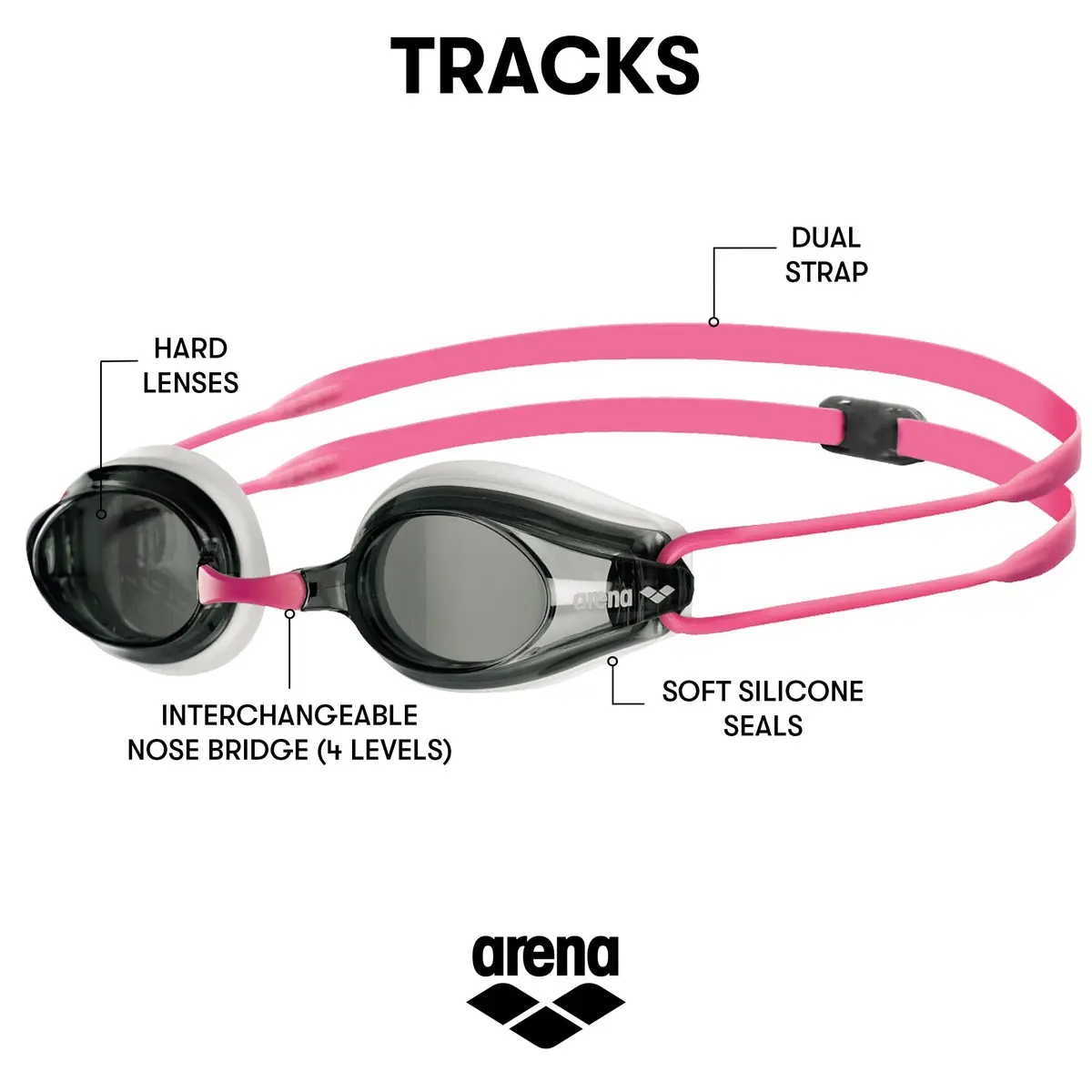 ARENA Tracks Unisex Adult Racing Swim Goggles FINA-Approved Anti-Fog Non-Mirror Lens, White/Smoke/Fuchsia | Competitive Swimming Essential - view 2