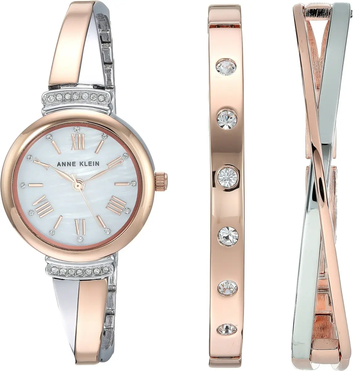 Anne Klein Women's Rose Gold/Silver Bangle Watch Set with Crystals, 26mm Case | Japanese Quartz Movement - main product image