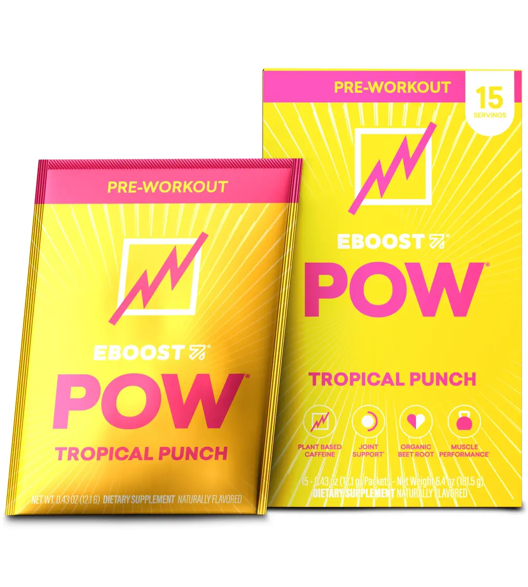 EBOOST POW Natural Pre Workout Powder - 15 Packets, Tropical Punch | Performance & Joint Support, Gluten-Free - main product image