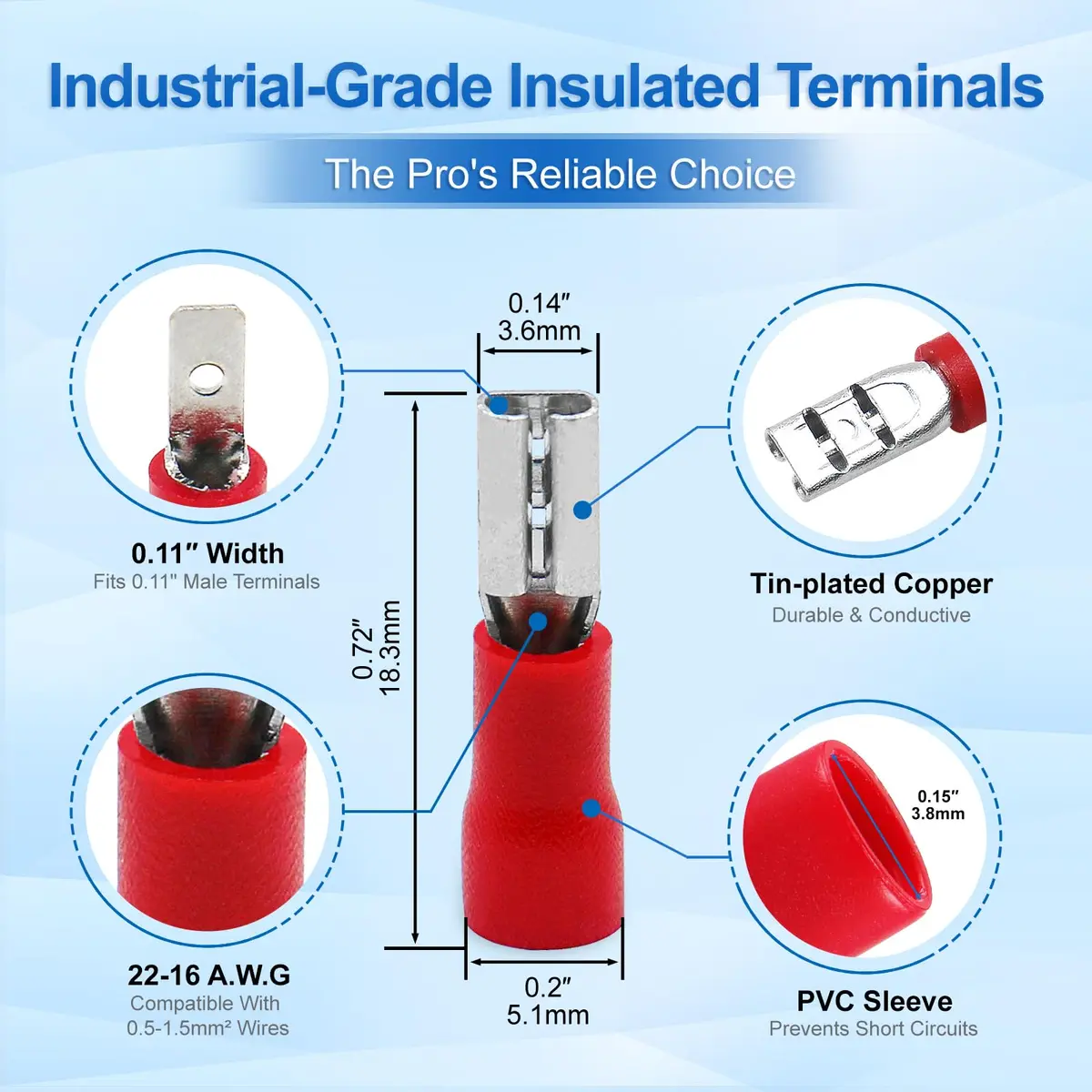 Baomain Female Quick Disconnect Spade Terminals 22-16 AWG | Insulated Copper Connectors for Automotive & DIY (0.75" Length) - view 2