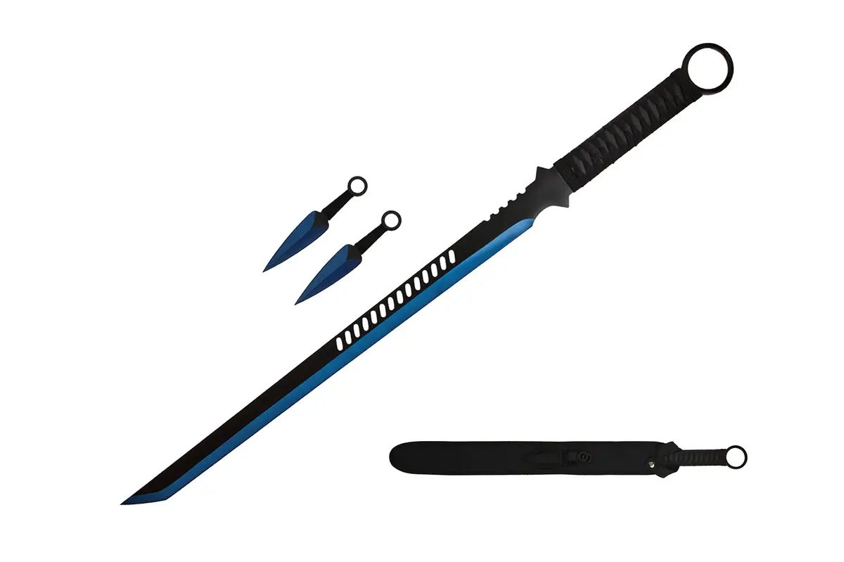 Wartech K1020-65-BL 440 Stainless Steel Full Tang Blade Ninja Hunting Machete Sword with Throwing Knives (2 Piece), 27", Blue - main product image