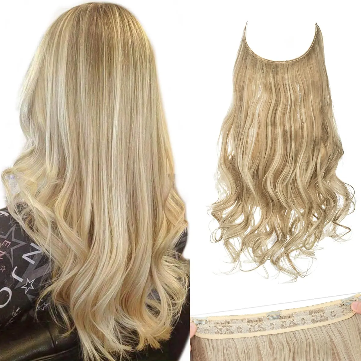 SARLA Hair Extensions Invisible Wire Dirty Blonde Highlight Wavy Curly Synthetic Hairpieces 18 Inch | Natural Look - main product image