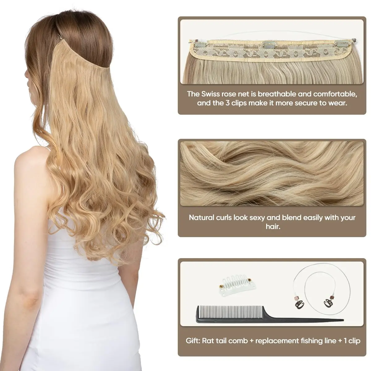 SARLA Hair Extensions Invisible Wire Dirty Blonde Highlight Wavy Curly Synthetic Hairpieces 18 Inch | Natural Look - view 3