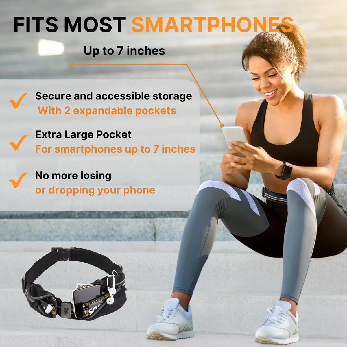 sport2people Running Belt Waterproof Phone Holder Reflective Waist Pack | Fits Most Phones, Adjustable 26-49" - view 5