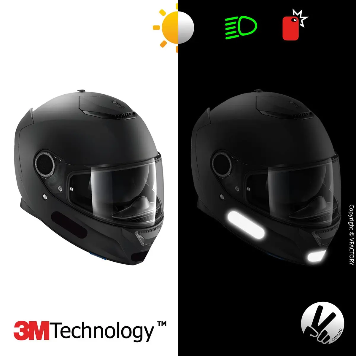VFLUO Black Standard™ Helmet Stickers Kit of 4 | 3M™ Retro-Reflective, Discreet Black by Day, White Visibility at Night - view 4