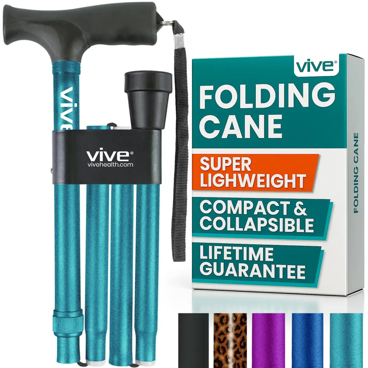 Vive Folding Cane Teal 33-37 inches (84-94 cm) | Lightweight Adjustable Aluminum Mobility Aid - main product image
