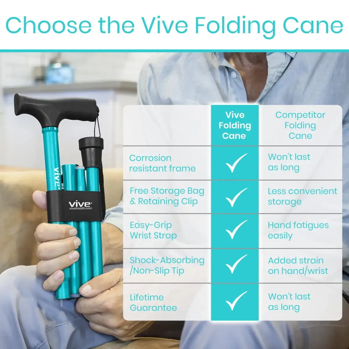 Vive Folding Cane Teal 33-37 inches (84-94 cm) | Lightweight Adjustable Aluminum Mobility Aid - view 8