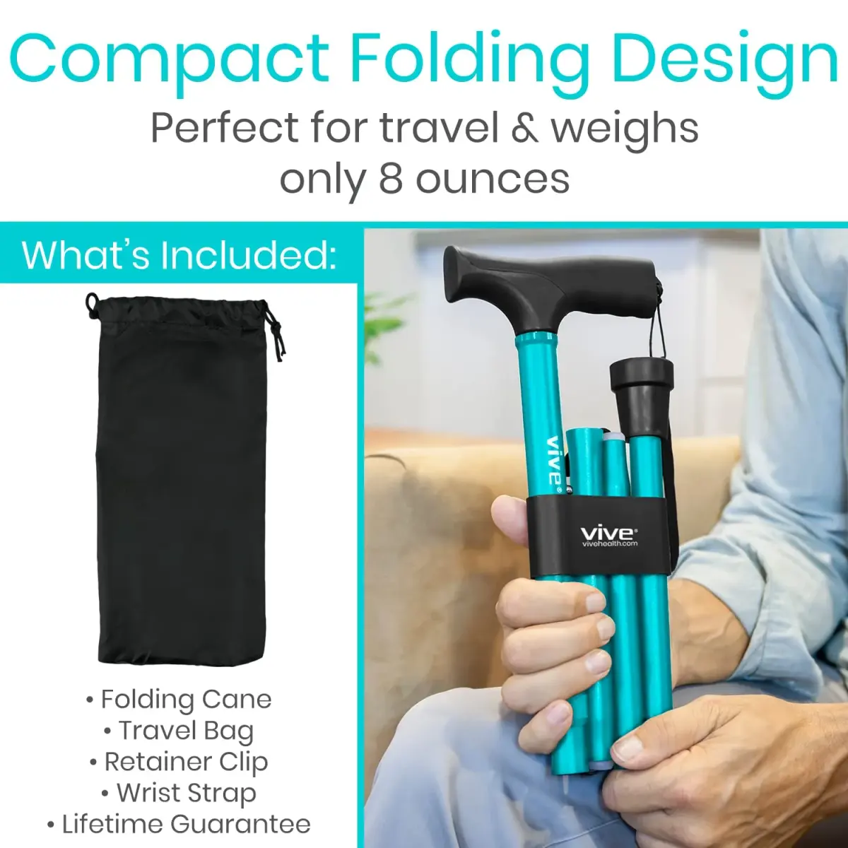 Vive Folding Cane Teal 33-37 inches (84-94 cm) | Lightweight Adjustable Aluminum Mobility Aid - view 2