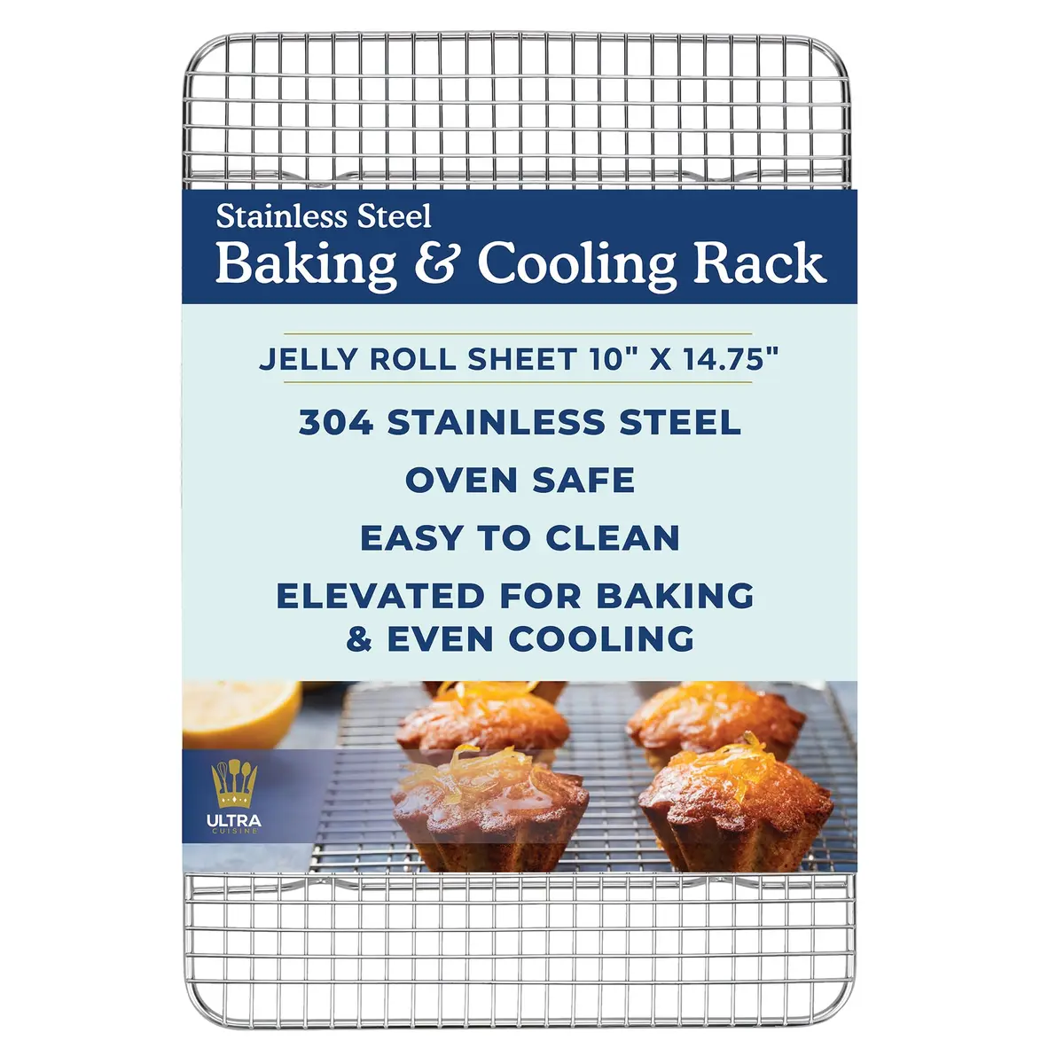 Ultra Cuisine Stainless Steel Baking Rack - 10 x14.75 inch Jelly Roll Wire | Heavy Duty Oven & Cooling Rack - main product image