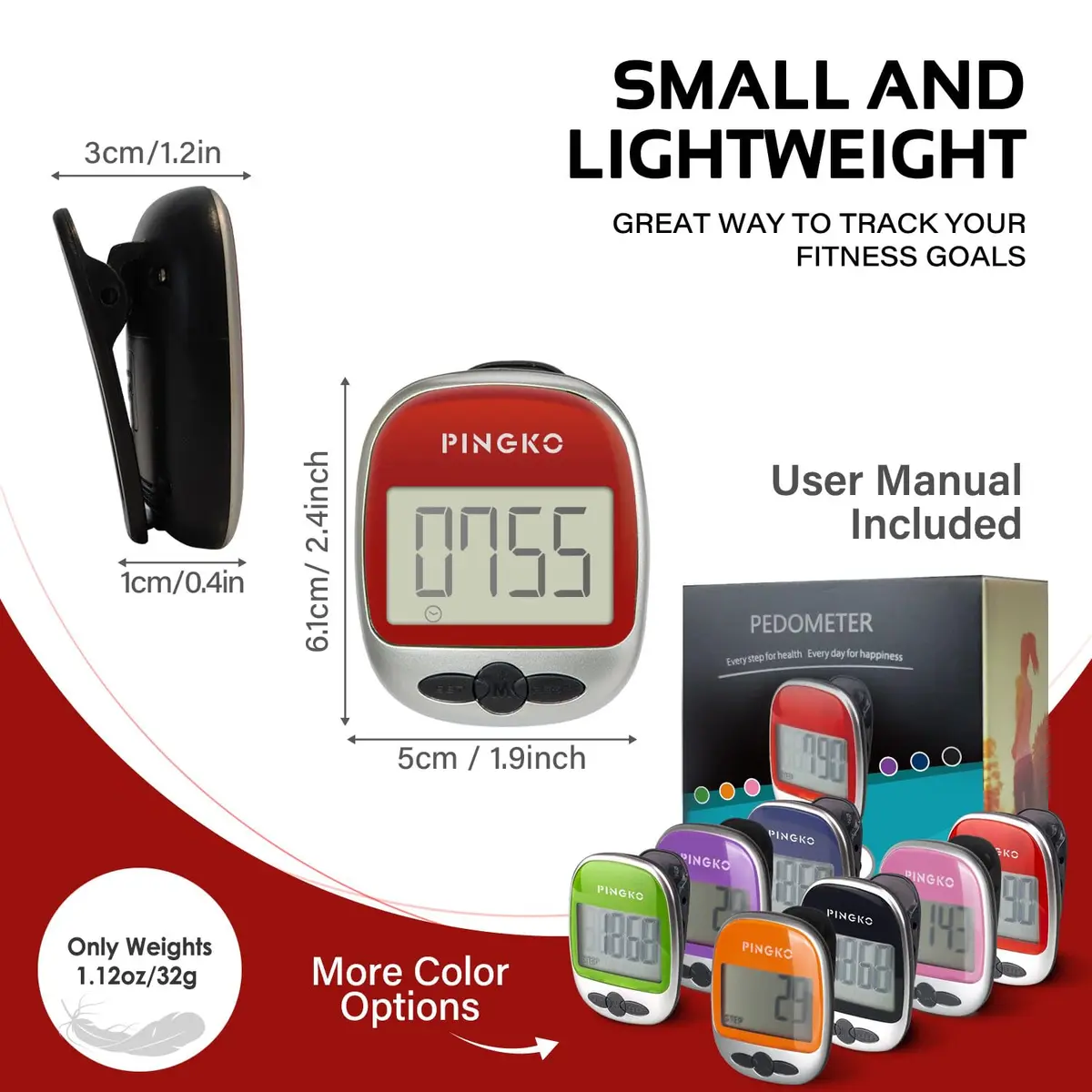 PINGKO Multi-Function Pedometer Step Counter | 5.7 cm (2.24 in) Red - view 6