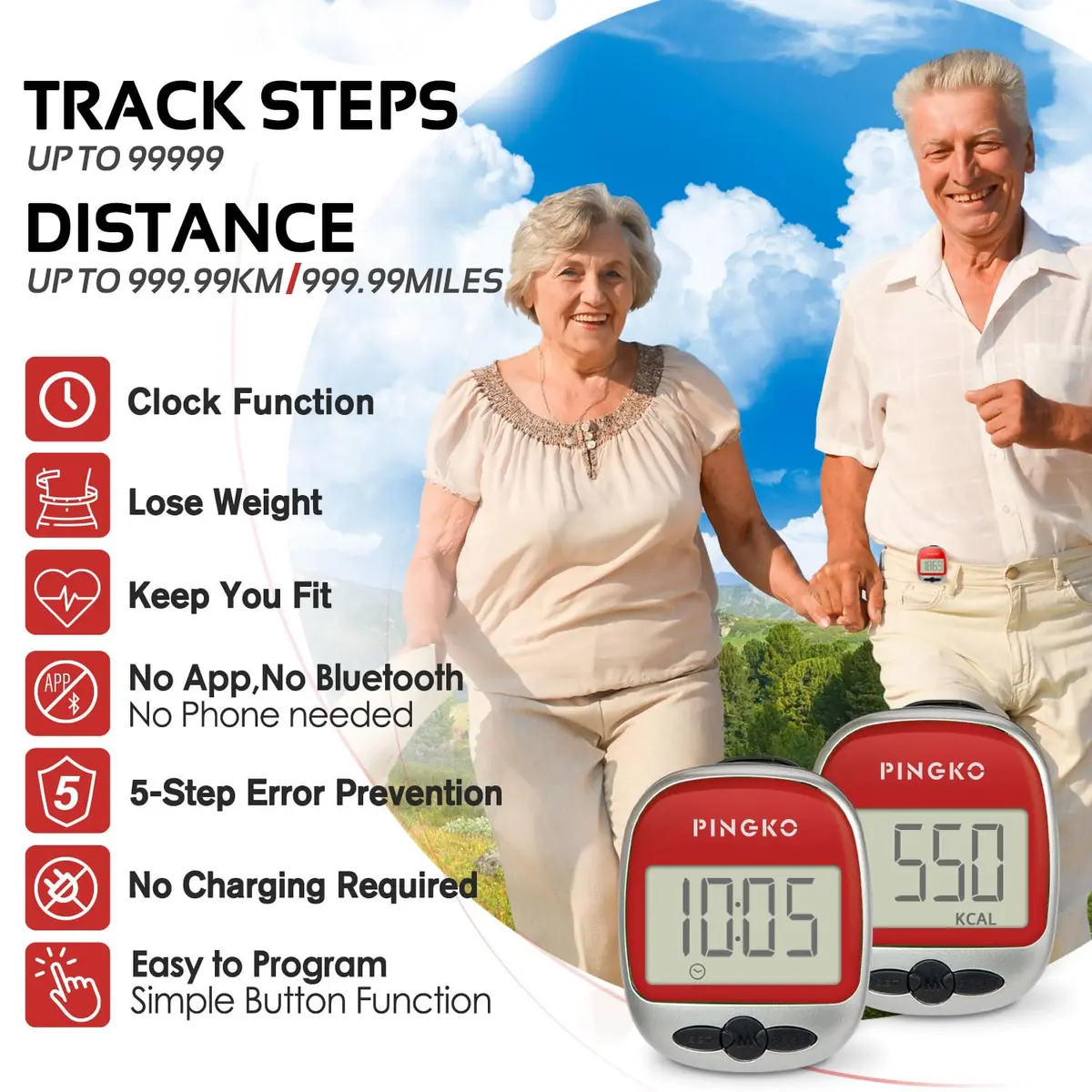 PINGKO Multi-Function Pedometer Step Counter | 5.7 cm (2.24 in) Red - view 3