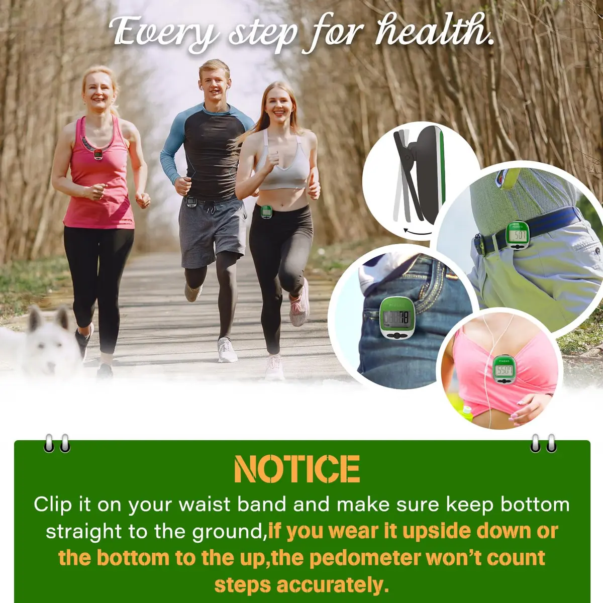 PINGKO Portable Sport Pedometer Step/Distance/Calories Counter Tracker Green | Accurate Tri-Axis Sensor, 99999 Steps Max - view 5