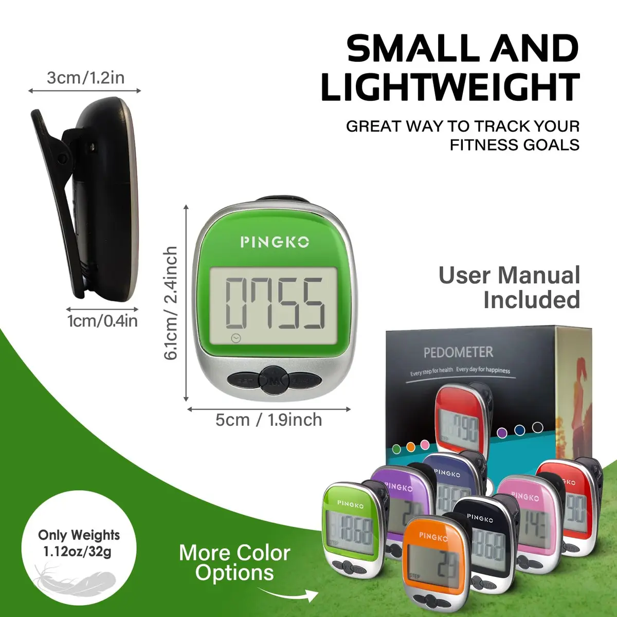 PINGKO Portable Sport Pedometer Step/Distance/Calories Counter Tracker Green | Accurate Tri-Axis Sensor, 99999 Steps Max - view 6