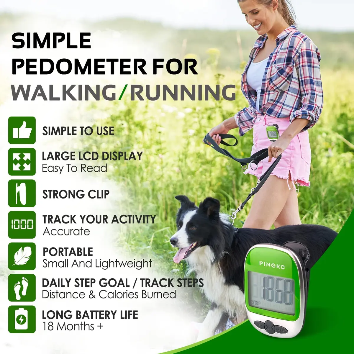 PINGKO Portable Sport Pedometer Step/Distance/Calories Counter Tracker Green | Accurate Tri-Axis Sensor, 99999 Steps Max - view 2