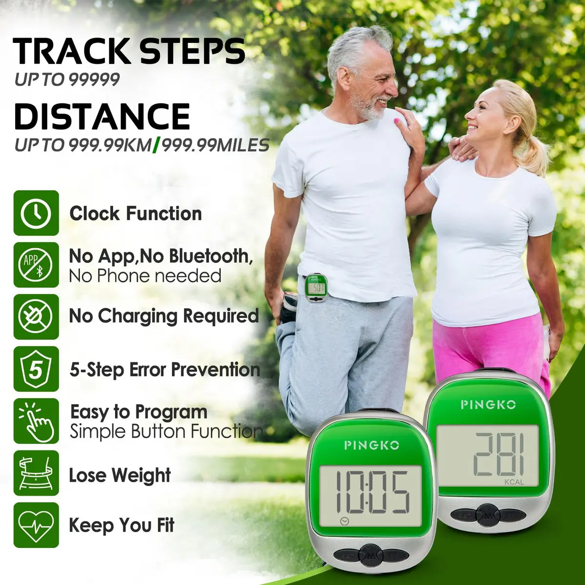 PINGKO Portable Sport Pedometer Step/Distance/Calories Counter Tracker Green | Accurate Tri-Axis Sensor, 99999 Steps Max - view 3