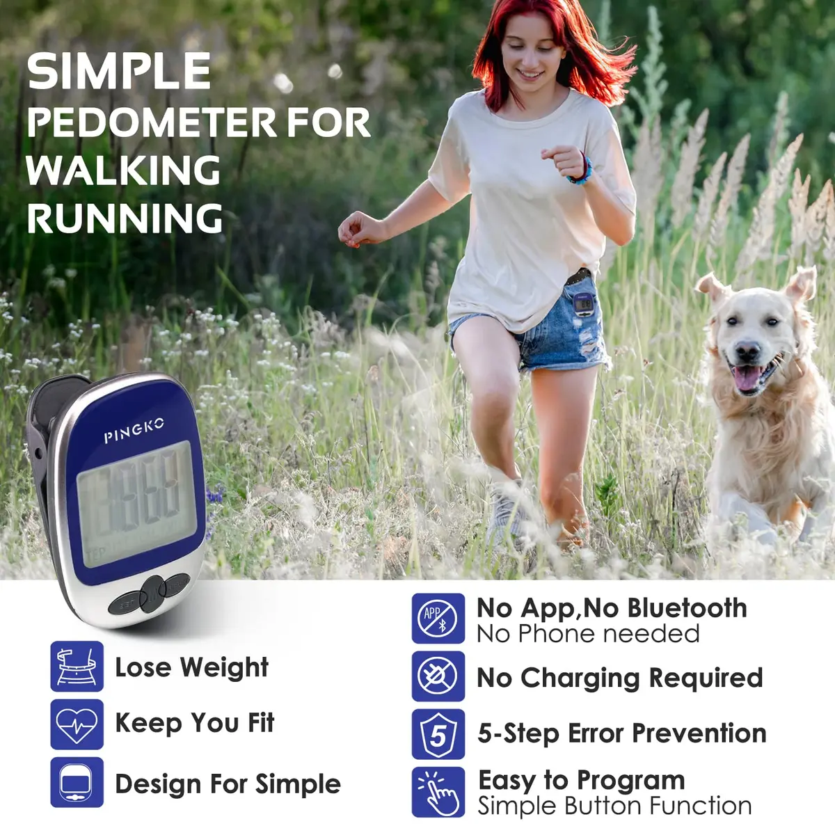 PINGKO Portable LCD Pedometer Step Counter with Calories & Distance Tracking - Blue | Accurate Tri-Axis Sensor - view 2
