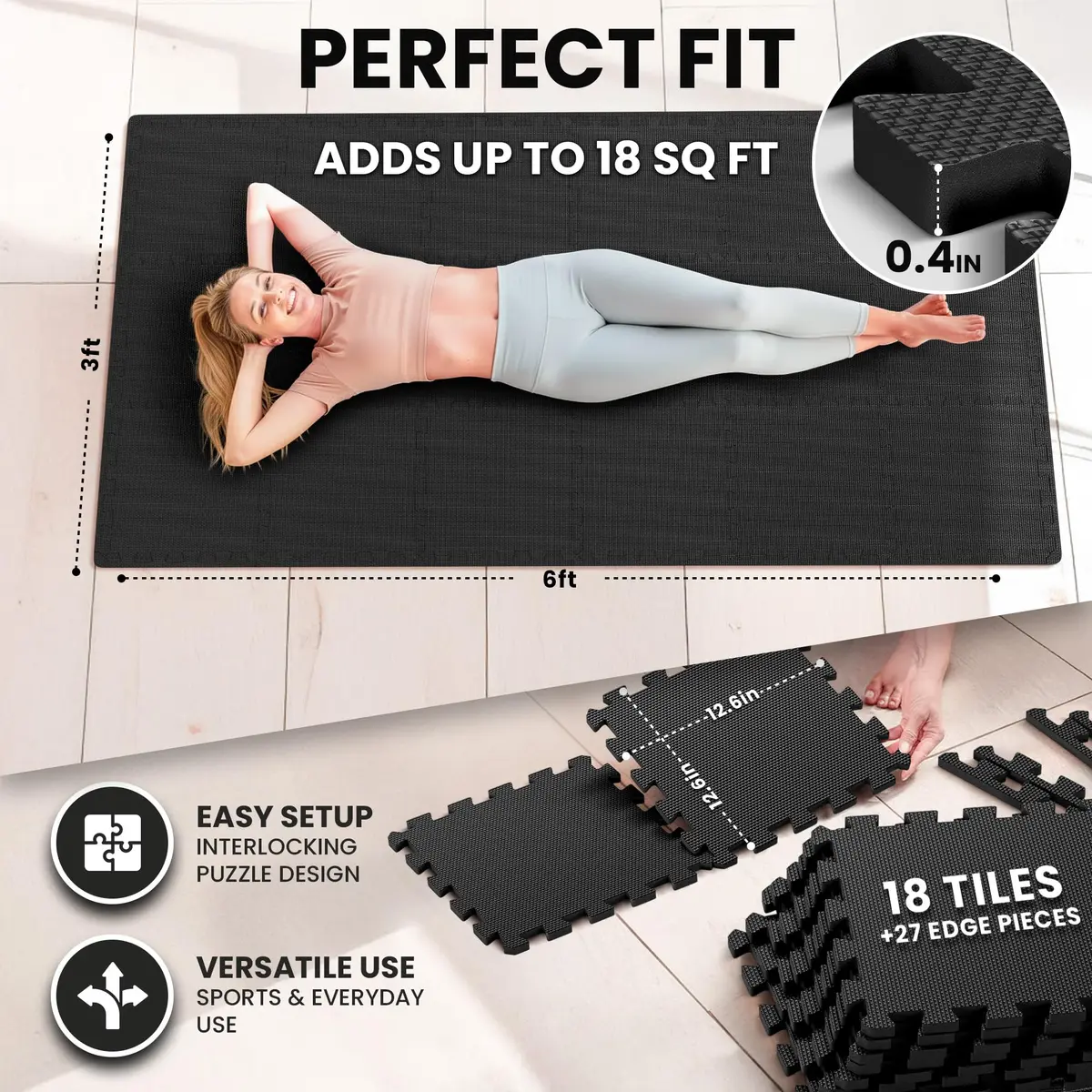 BeMaxx Interlocking EVA Foam Floor Tiles Workout Mat Set 1.27 cm (0.5 inch) Thick | 18 sq ft Protective Flooring for Home Gyms - view 2