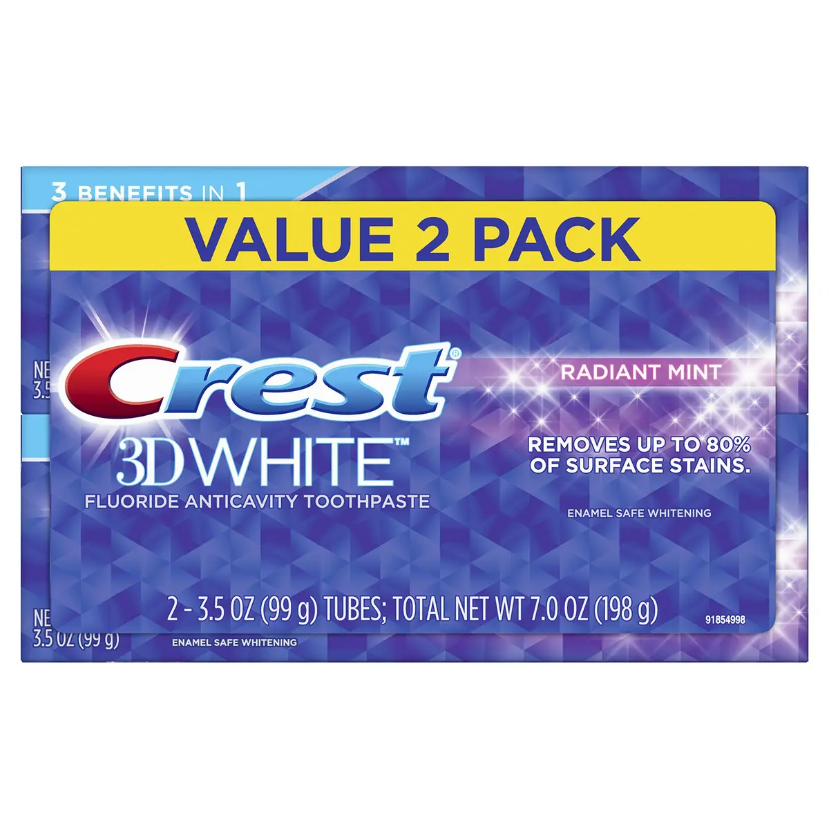 Crest 3D White Whitening Toothpaste, Radiant Mint, 3.5 Ounce (Pack of 2) | Surface stain removal & enamel protection - main product image