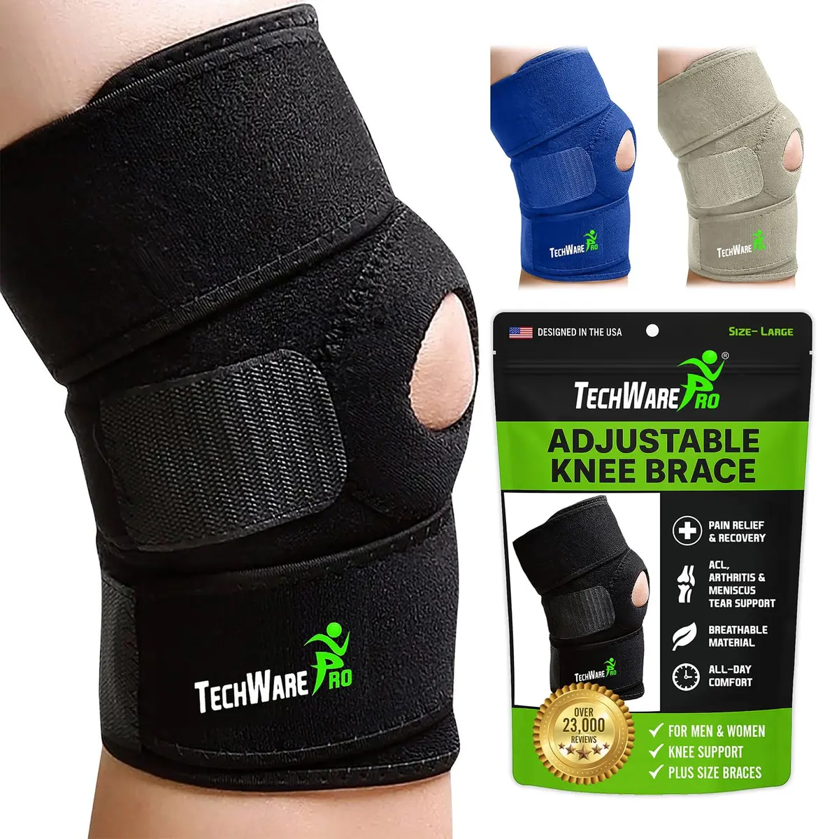 TechWare Pro Knee Brace Support - Relieves ACL, LCL, MCL, Meniscus Tear, Arthritis, Tendonitis Pain | Adjustable Bi-Directional Straps - main product image
