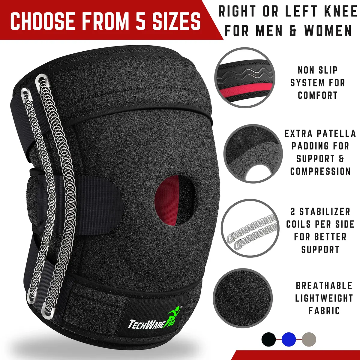 TechWare Pro Knee Brace Support - Relieves ACL, LCL, MCL, Meniscus Tear, Arthritis, Tendonitis Pain | Adjustable Bi-Directional Straps - view 4
