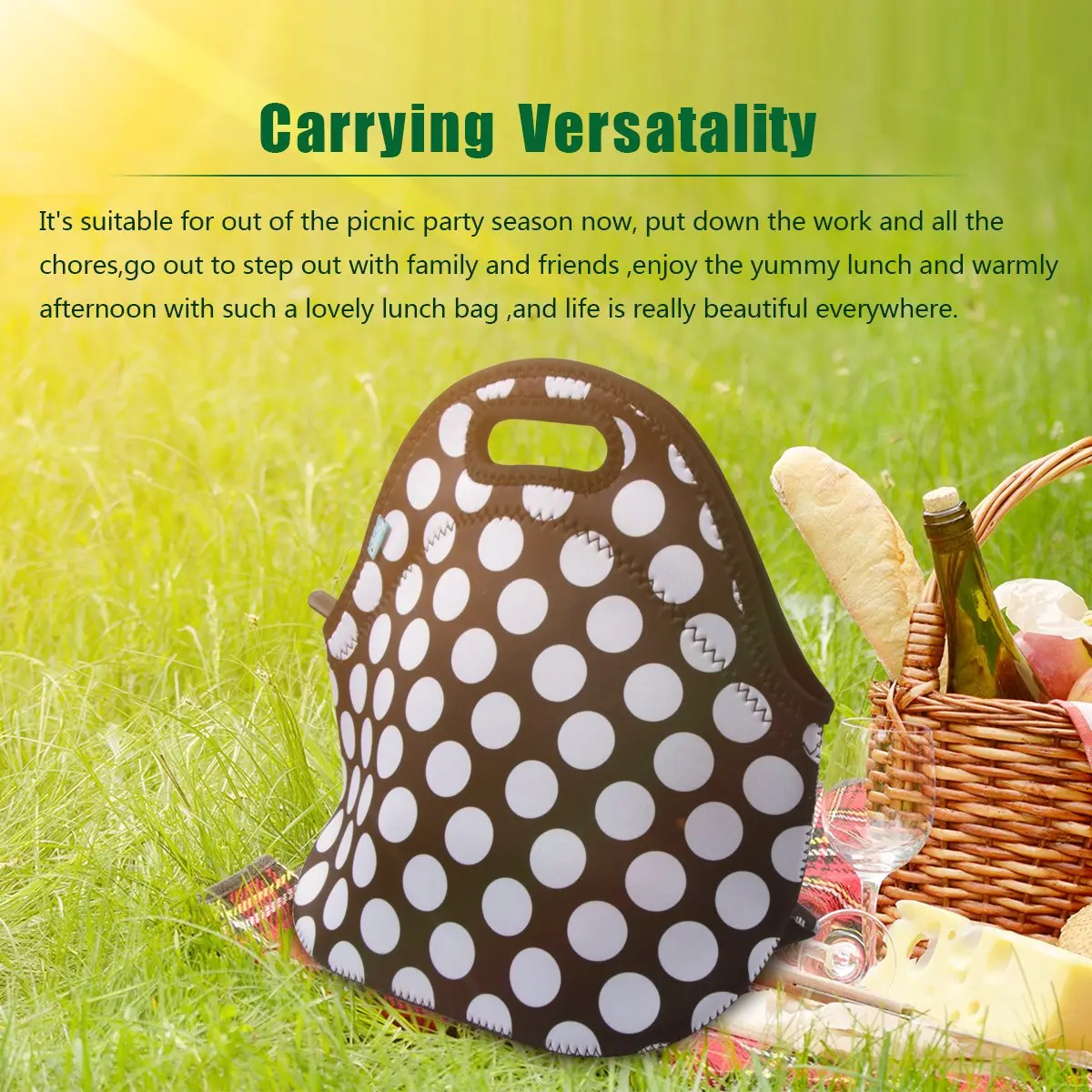 Ofeily Neoprene Lunch Tote Bag White Dots | Insulated, Waterproof, 10L (0.35 cu ft) - view 5