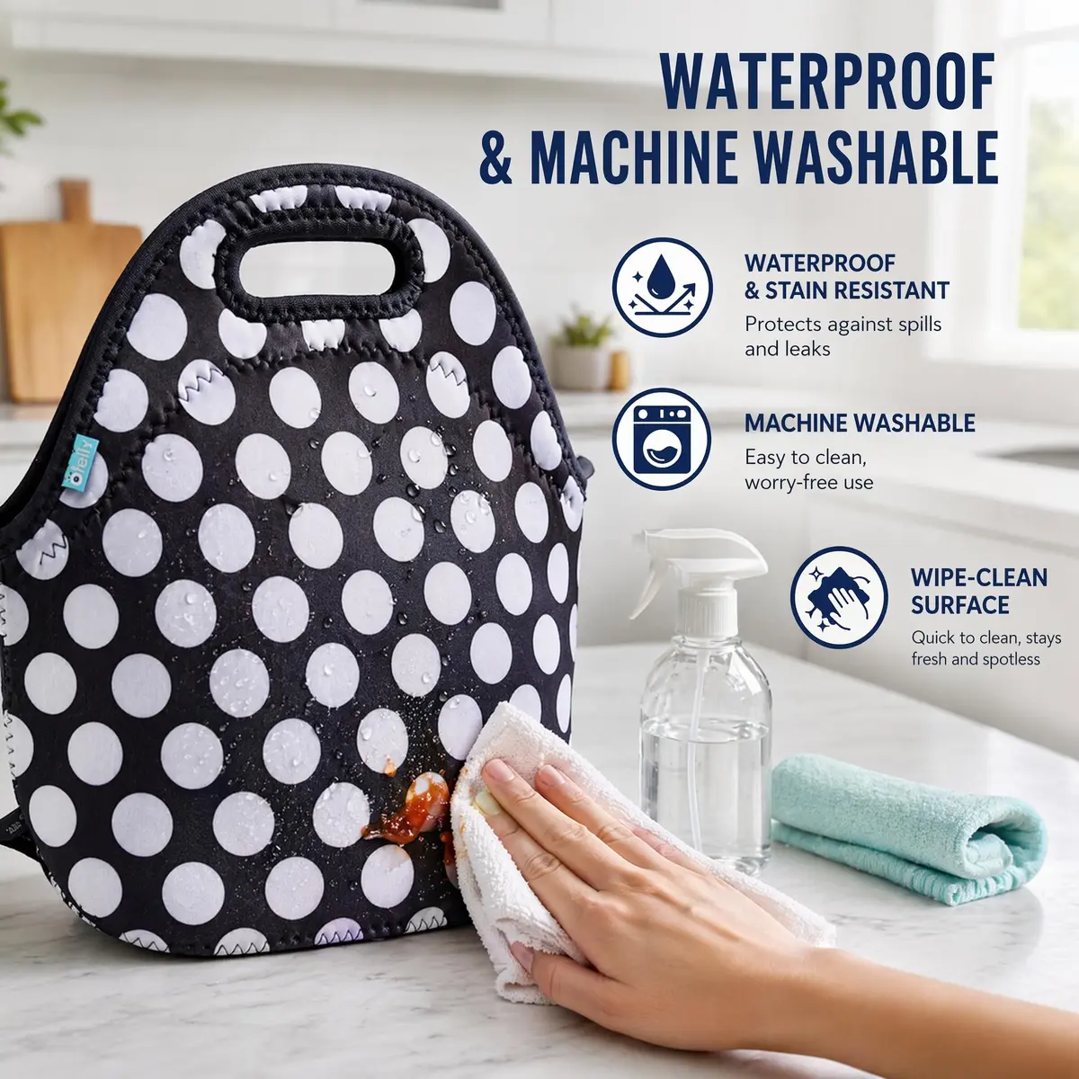 Ofeily Neoprene Lunch Tote Bag White Dots | Insulated, Waterproof, 10L (0.35 cu ft) - view 6