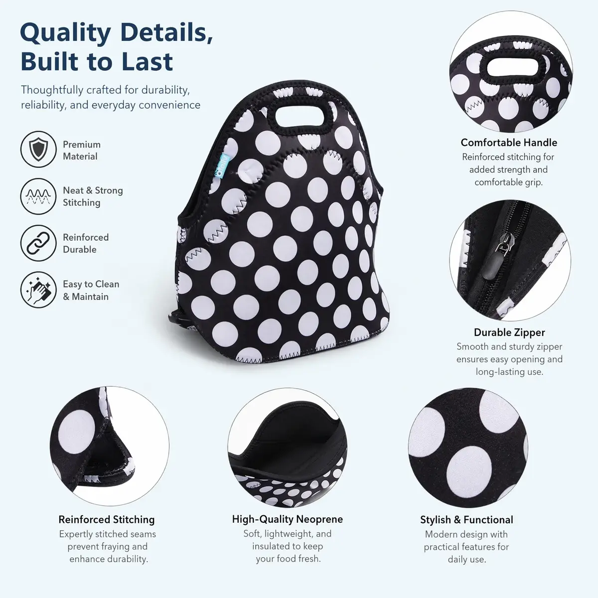 Ofeily Neoprene Lunch Tote Bag White Dots | Insulated, Waterproof, 10L (0.35 cu ft) - view 8