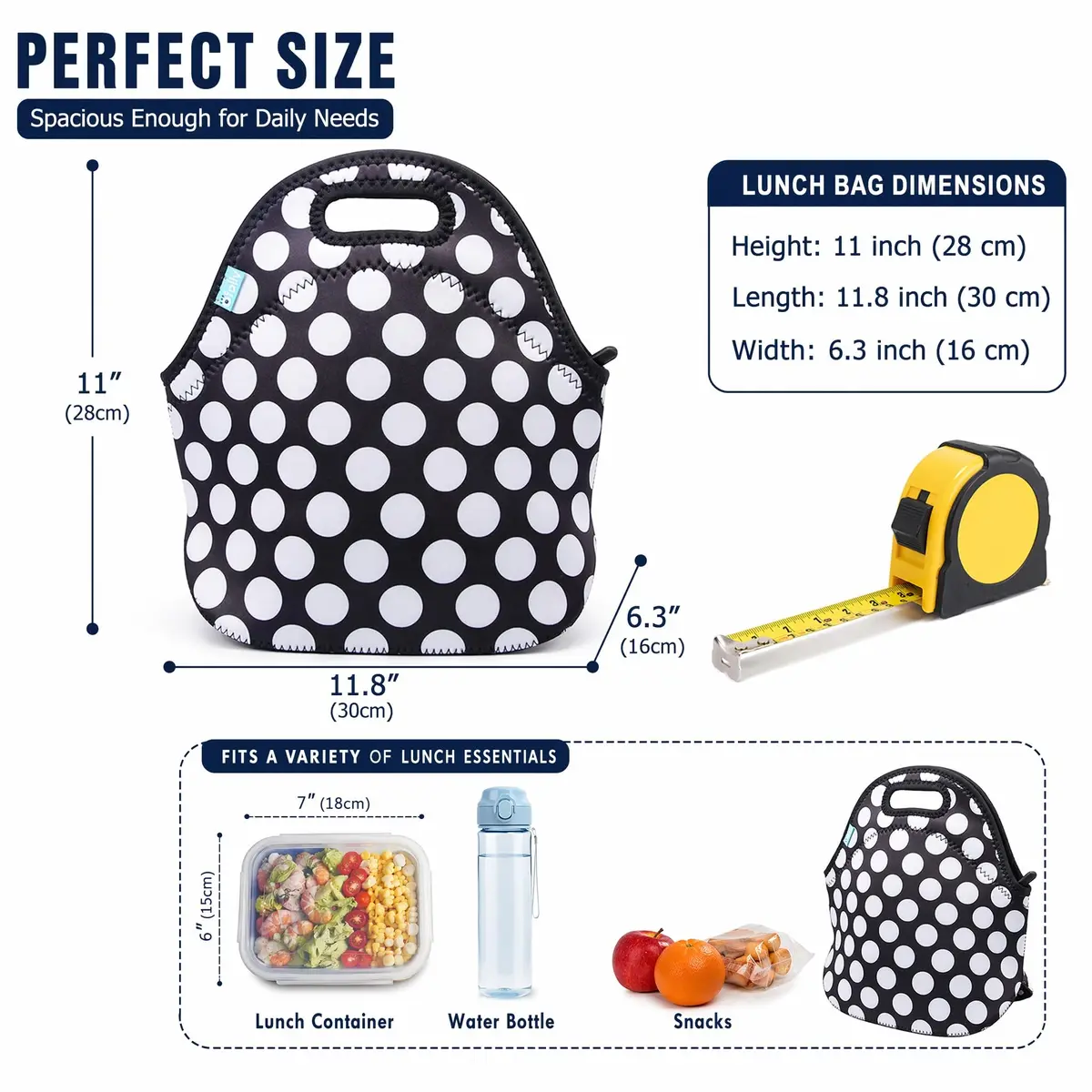 Ofeily Neoprene Lunch Tote Bag White Dots | Insulated, Waterproof, 10L (0.35 cu ft) - view 2