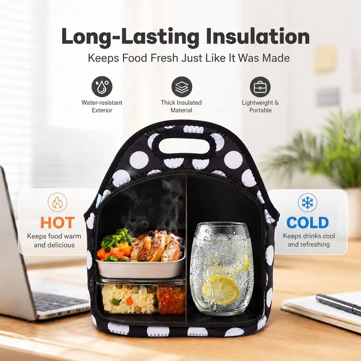 Ofeily Neoprene Lunch Tote Bag White Dots | Insulated, Waterproof, 10L (0.35 cu ft) - view 3