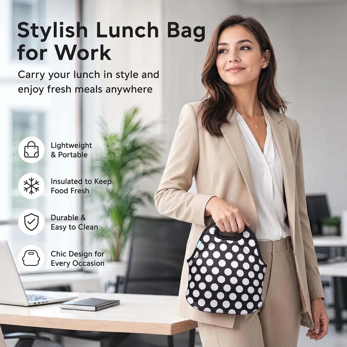 Ofeily Neoprene Lunch Tote Bag White Dots | Insulated, Waterproof, 10L (0.35 cu ft) - view 4
