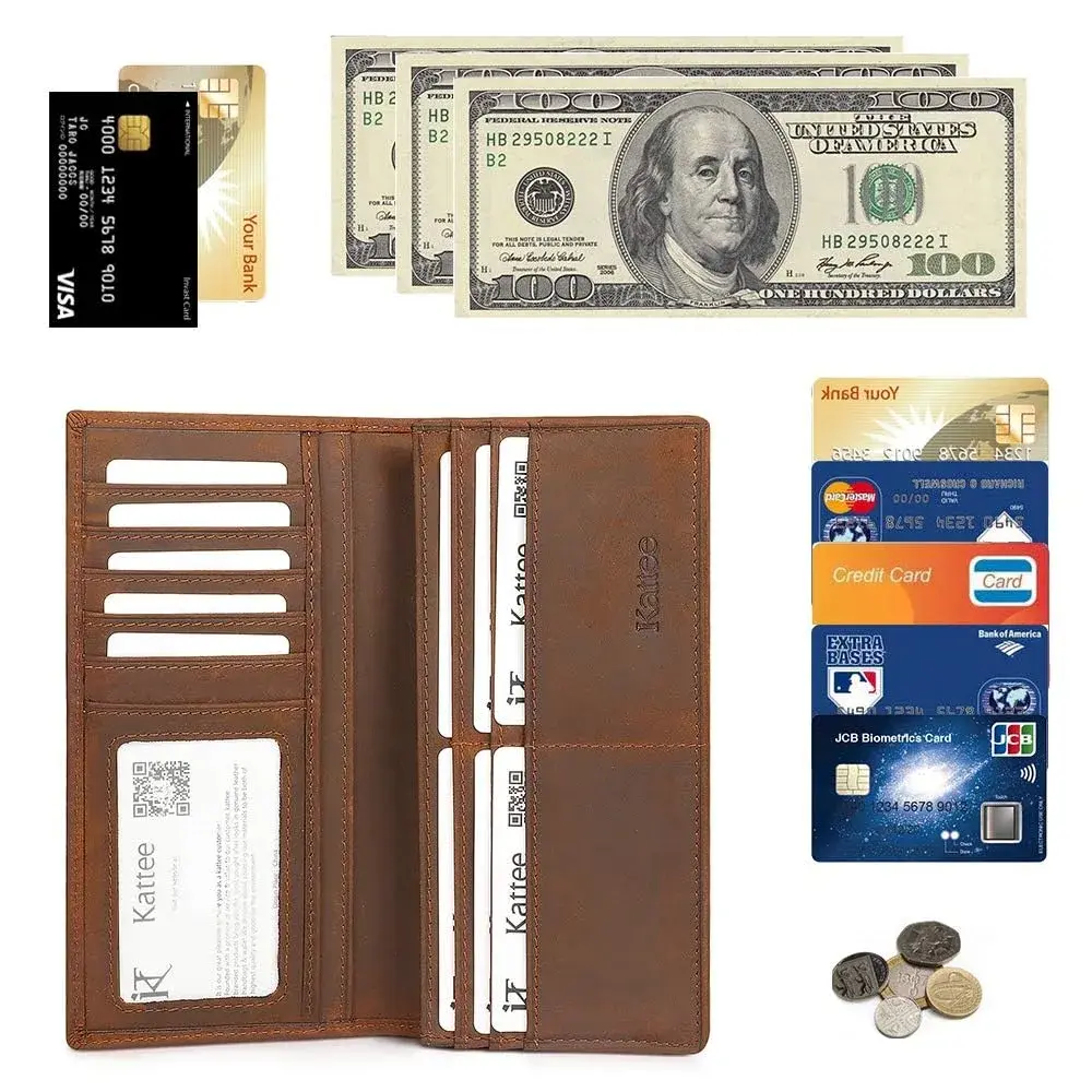 Kattee Men's Vintage Genuine Leather Long Wallet for Checkbook Credit Cards | 11 Card Slots, ID Window, Zipper Pocket - view 6