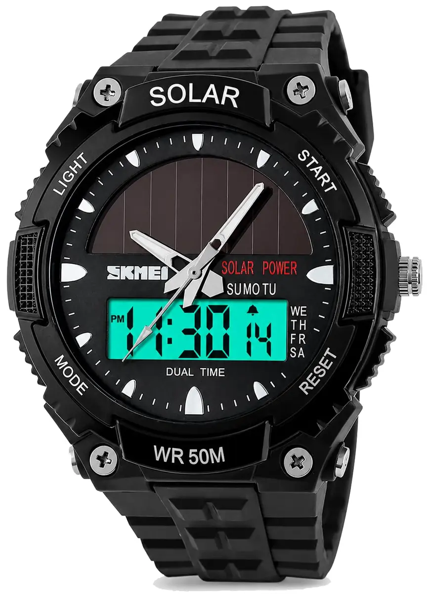 MASTOP Solar Energy Watch Black 50mm (1.97in) | Dual Time Zone, 50M Waterproof, LED Luminous - main product image