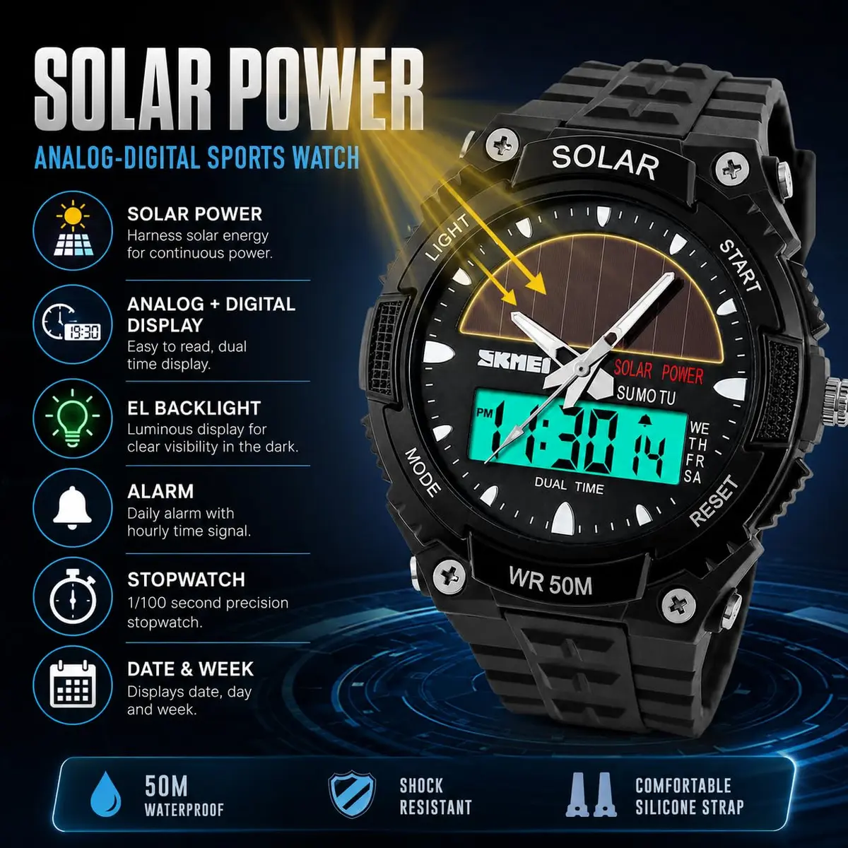 MASTOP Solar Energy Watch Black 50mm (1.97in) | Dual Time Zone, 50M Waterproof, LED Luminous - view 5