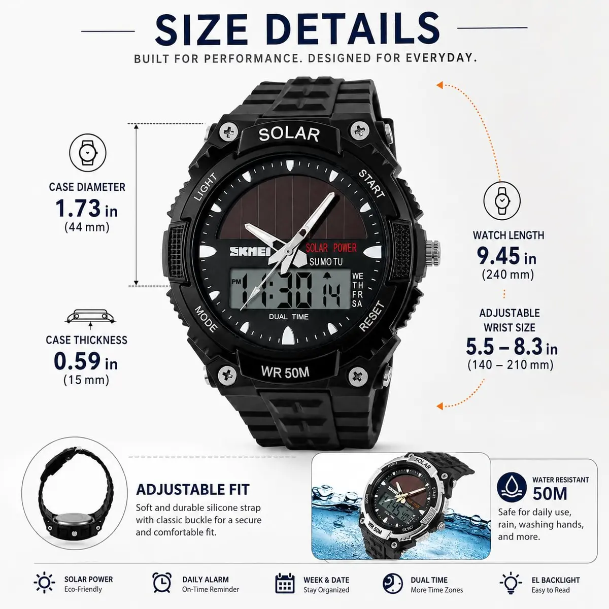 MASTOP Solar Energy Watch Black 50mm (1.97in) | Dual Time Zone, 50M Waterproof, LED Luminous - view 6