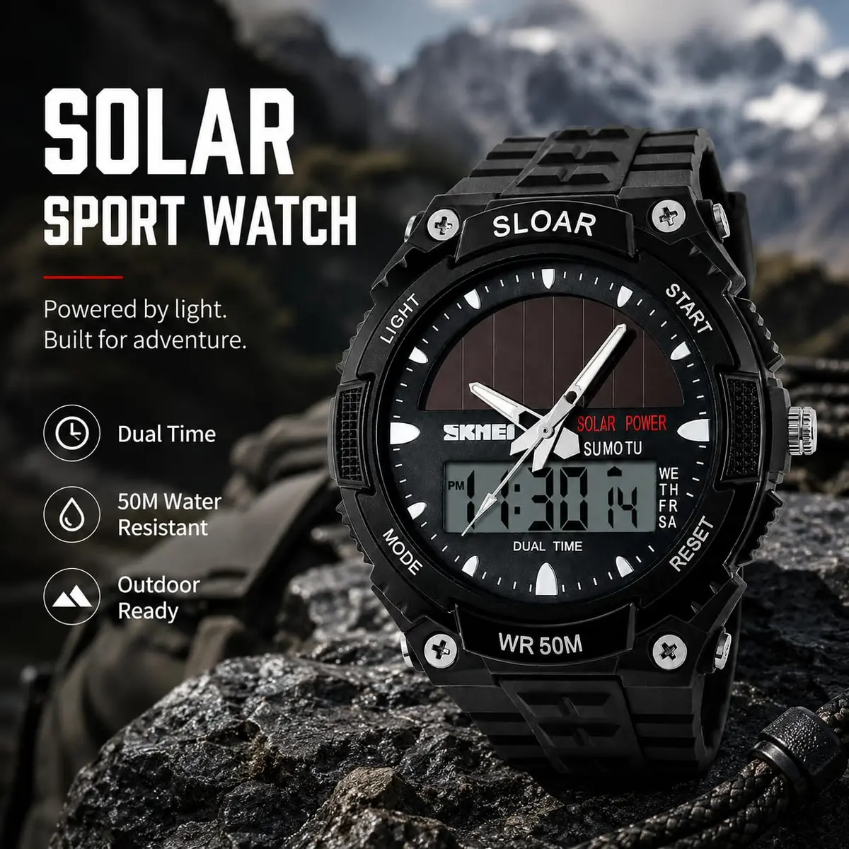 MASTOP Solar Energy Watch Black 50mm (1.97in) | Dual Time Zone, 50M Waterproof, LED Luminous - view 2