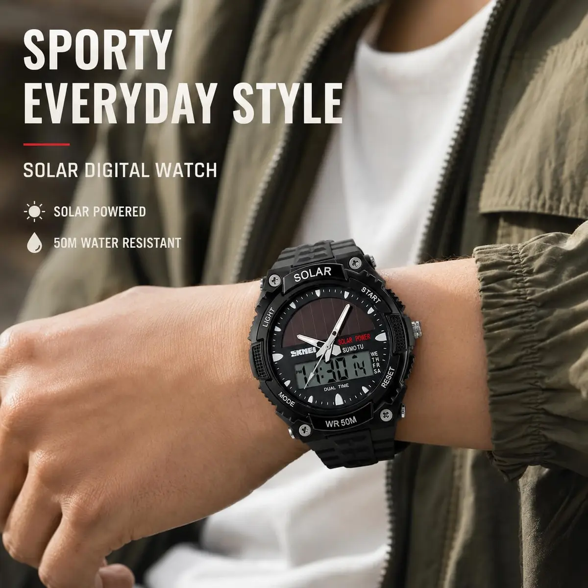 MASTOP Solar Energy Watch Black 50mm (1.97in) | Dual Time Zone, 50M Waterproof, LED Luminous - view 3