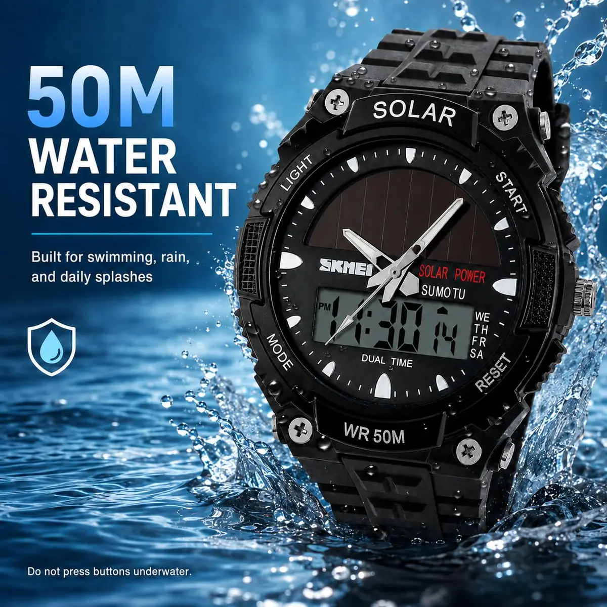 MASTOP Solar Energy Watch Black 50mm (1.97in) | Dual Time Zone, 50M Waterproof, LED Luminous - view 4