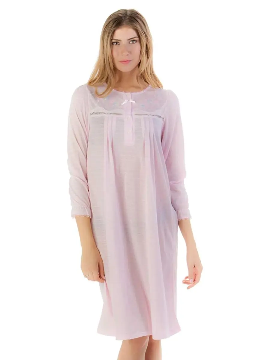 Casual Nights Women's Long Sleeve Pointelle Embroidered Night Gown - Pink - 4X | Soft Cotton Blend Sleepwear for Relaxed Comfort - main product image