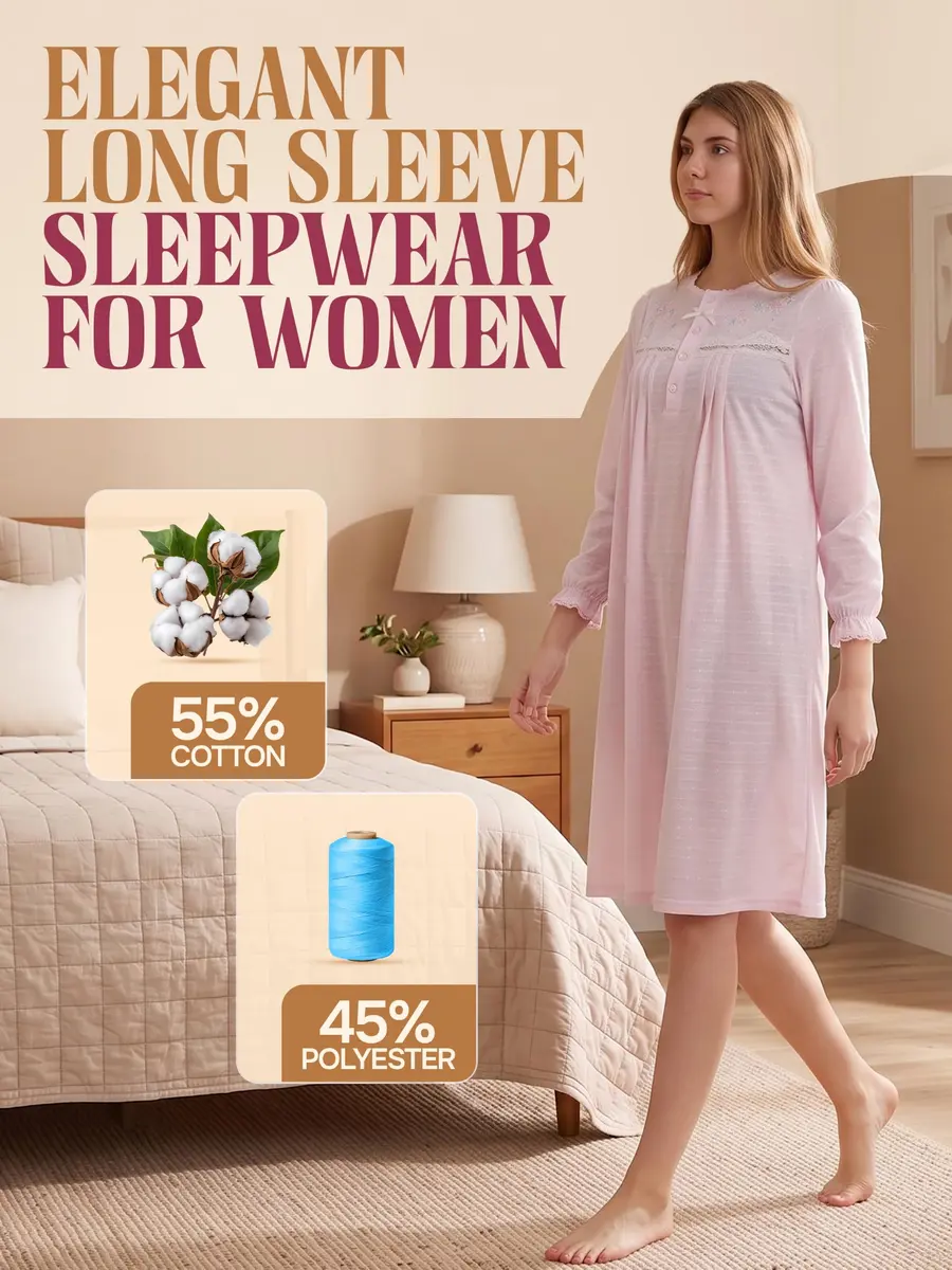 Casual Nights Women's Long Sleeve Pointelle Embroidered Night Gown - Pink - 4X | Soft Cotton Blend Sleepwear for Relaxed Comfort - view 2
