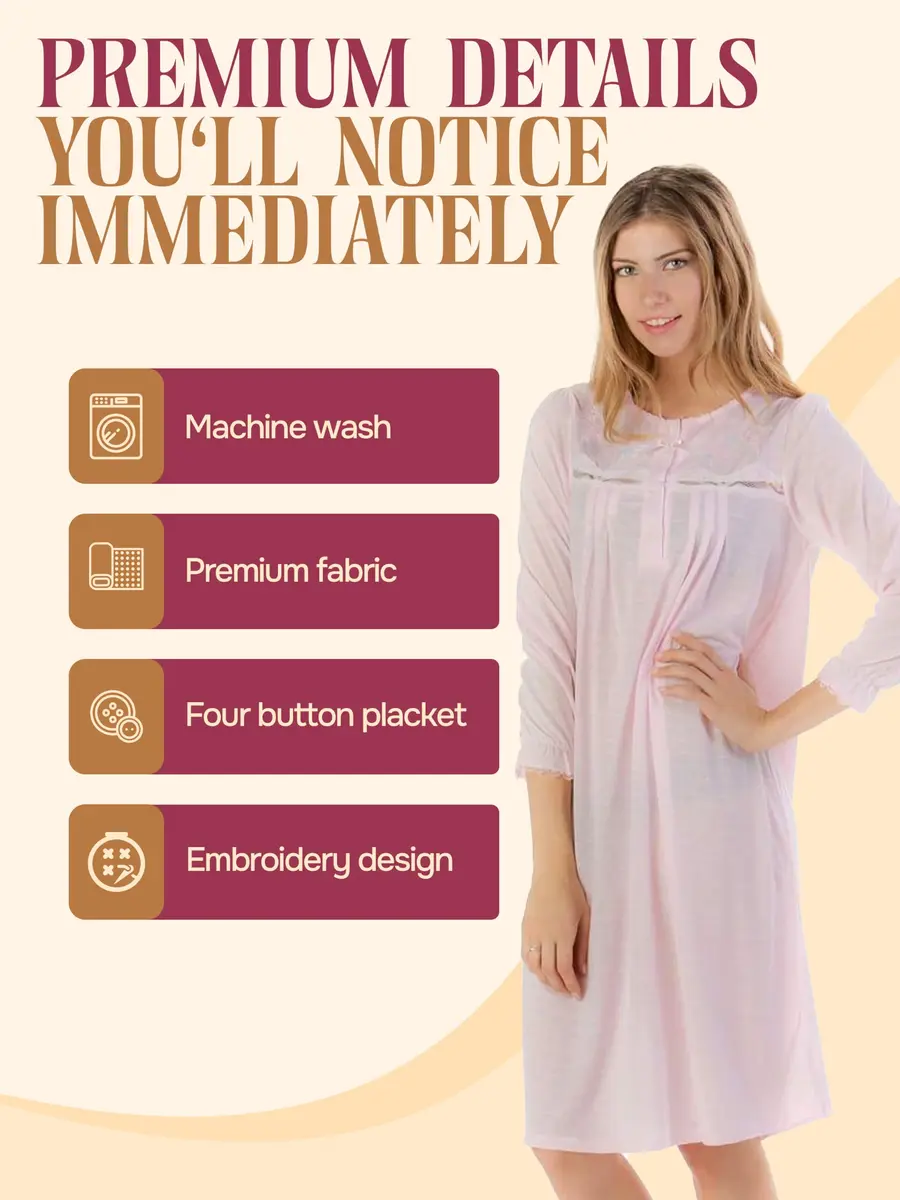 Casual Nights Women's Long Sleeve Pointelle Embroidered Night Gown - Pink - 4X | Soft Cotton Blend Sleepwear for Relaxed Comfort - view 3